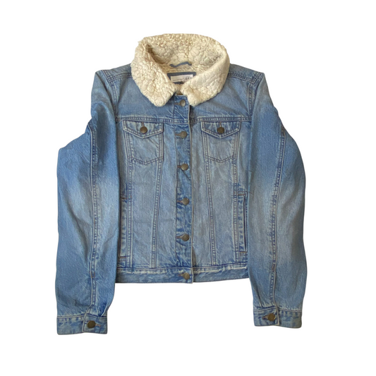 LOFT Denim Trucker Jacket Womens Medium Blue Sherpa Lined Collared Button Front