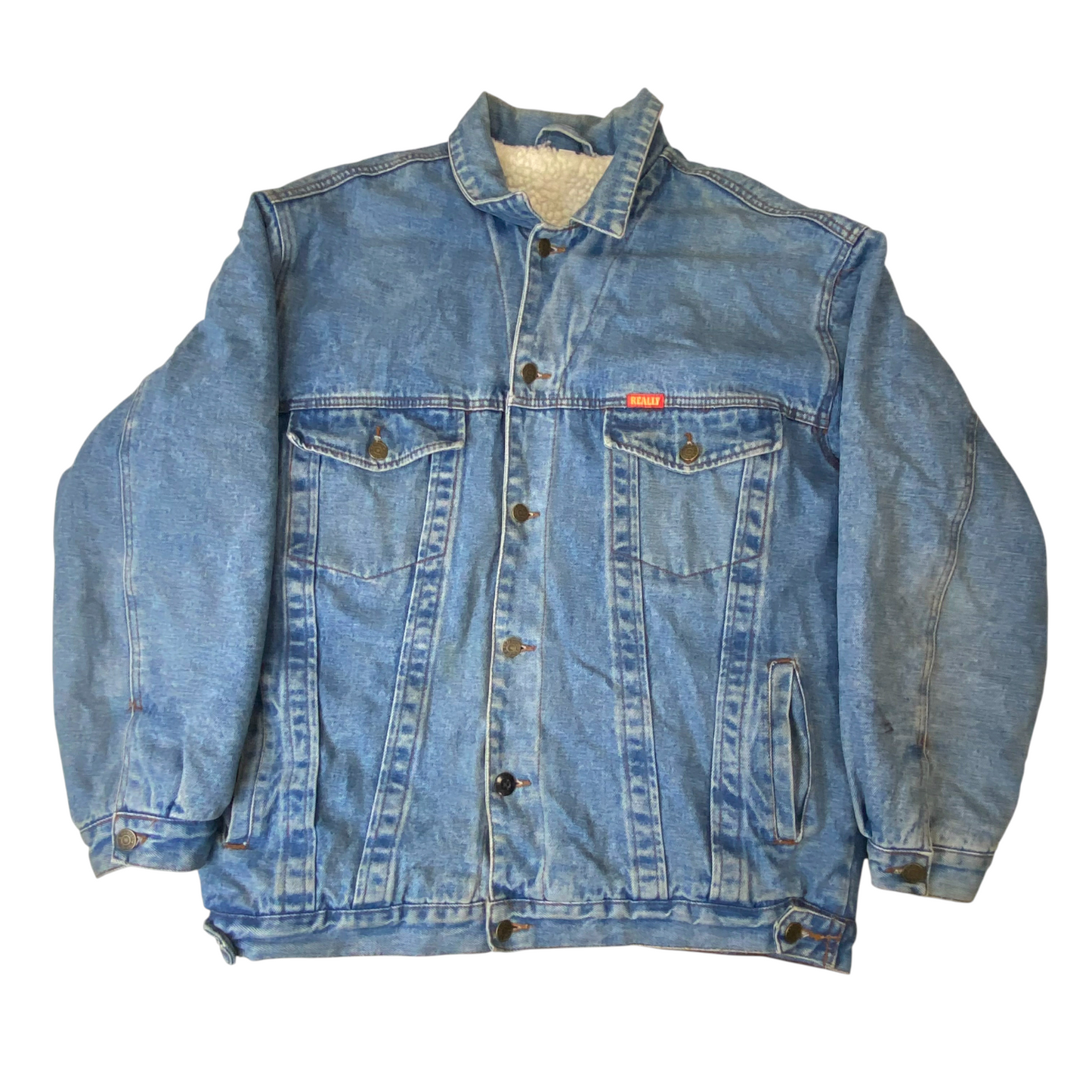 Really Trucker Jacket Mens L Blue Sherpa Lined Classic Fit Collared Button Front