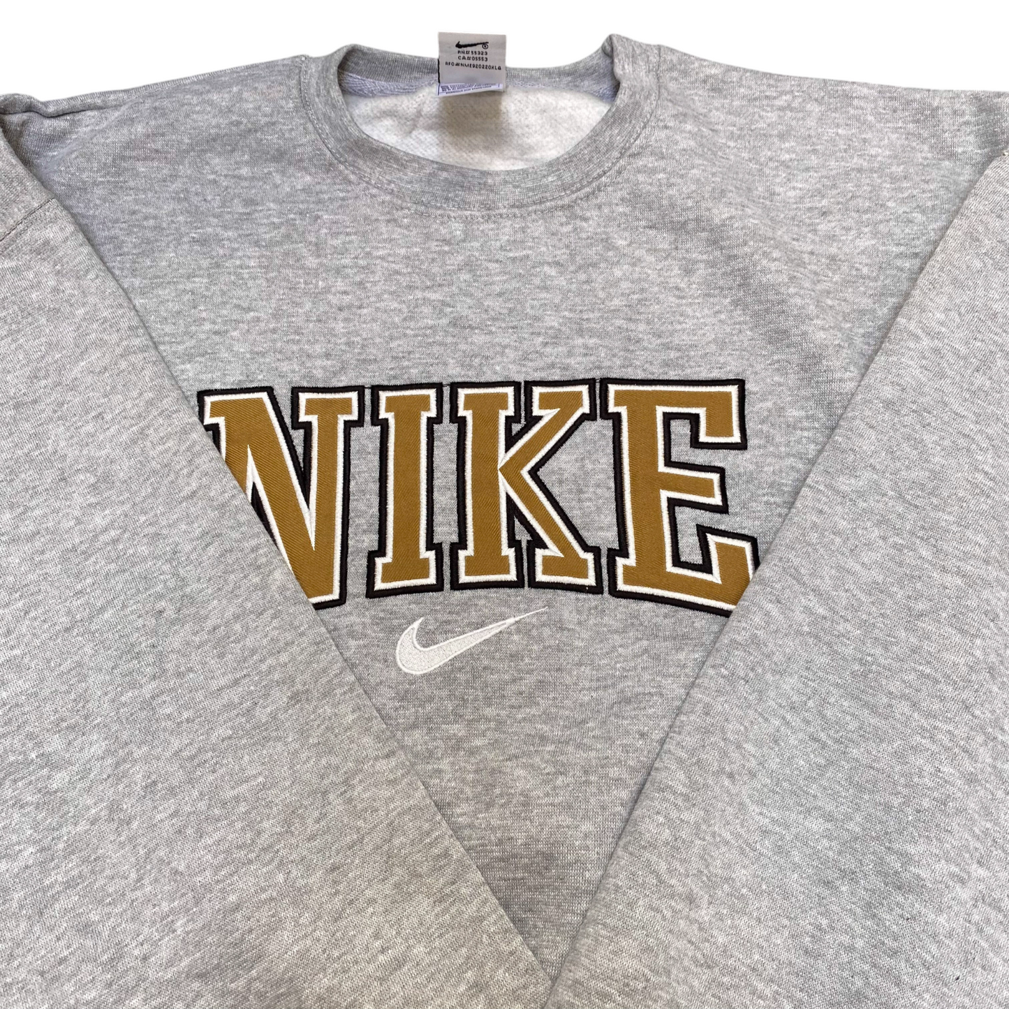 Nike Reworked Sweatshirt Mens Medium Grey Embroidered Spellout Logo Crew Neck