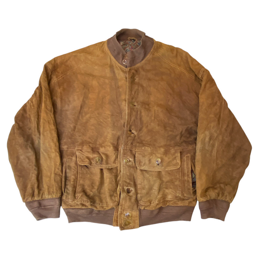 Bomber Jacket Mens Large Brown Suede Leather Pockets Long Sleeve Button Front