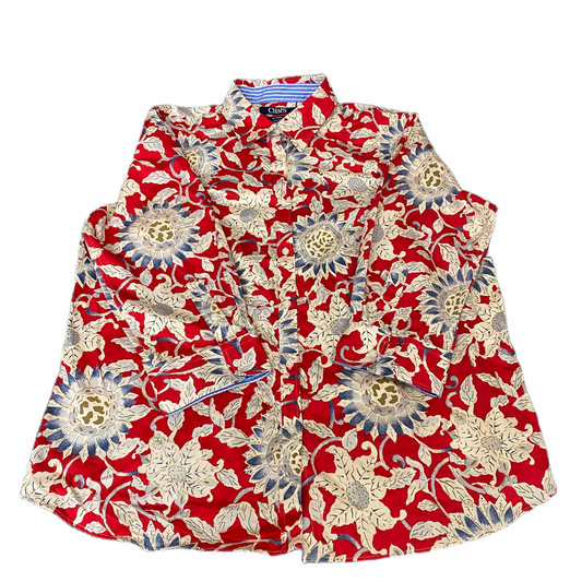 Chaps Shirt Womens L Red Beige Floral Non-Iron Long Sleeve Collared Button Up