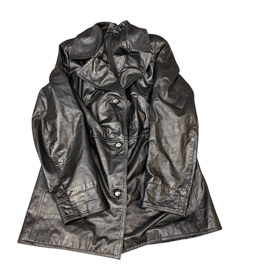 Women Leather Trench Coat Medium Black Lined Long Sleeve Button Front Inside Zip