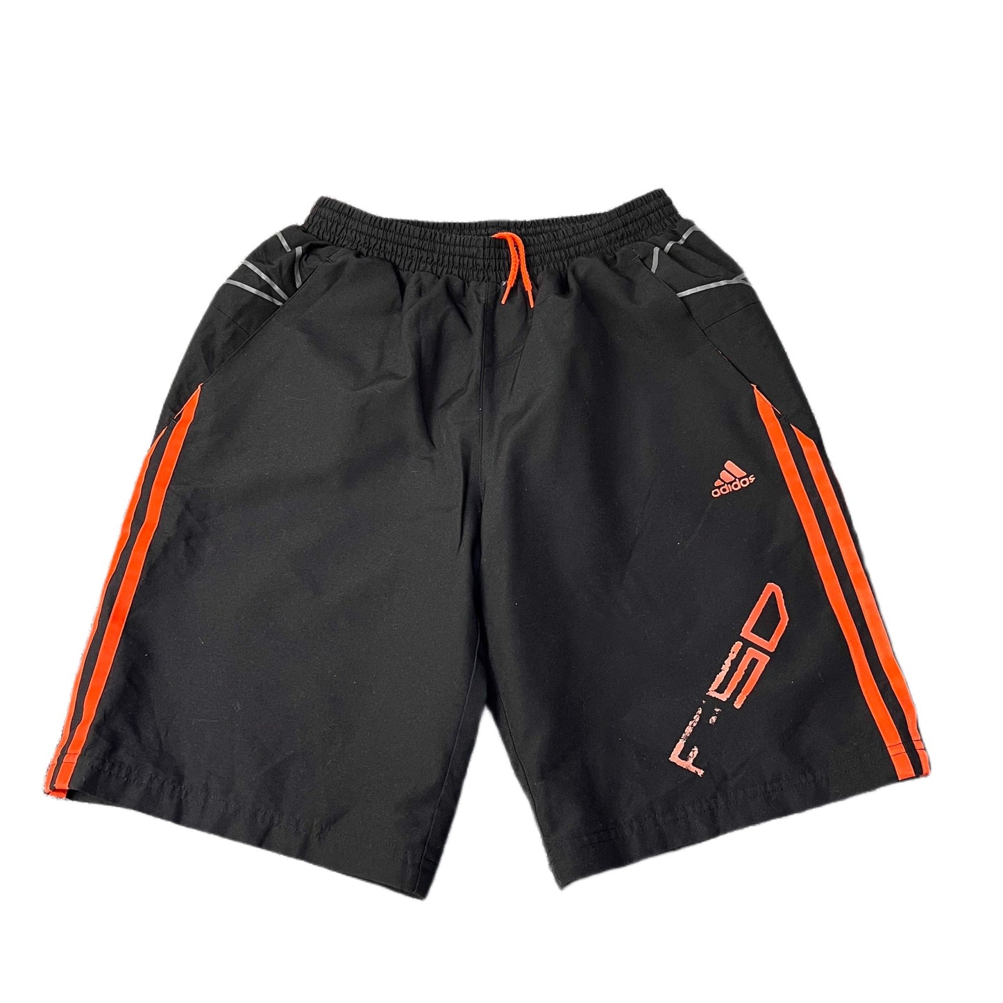 Adidas F50 Athletic Shorts Boys XS 24" Waist Black Orange 3-Stripes Mesh Lined