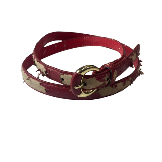 Womens Fashion Waist Belt Red Leather Gold Tone Oval Buckle Size 42 in