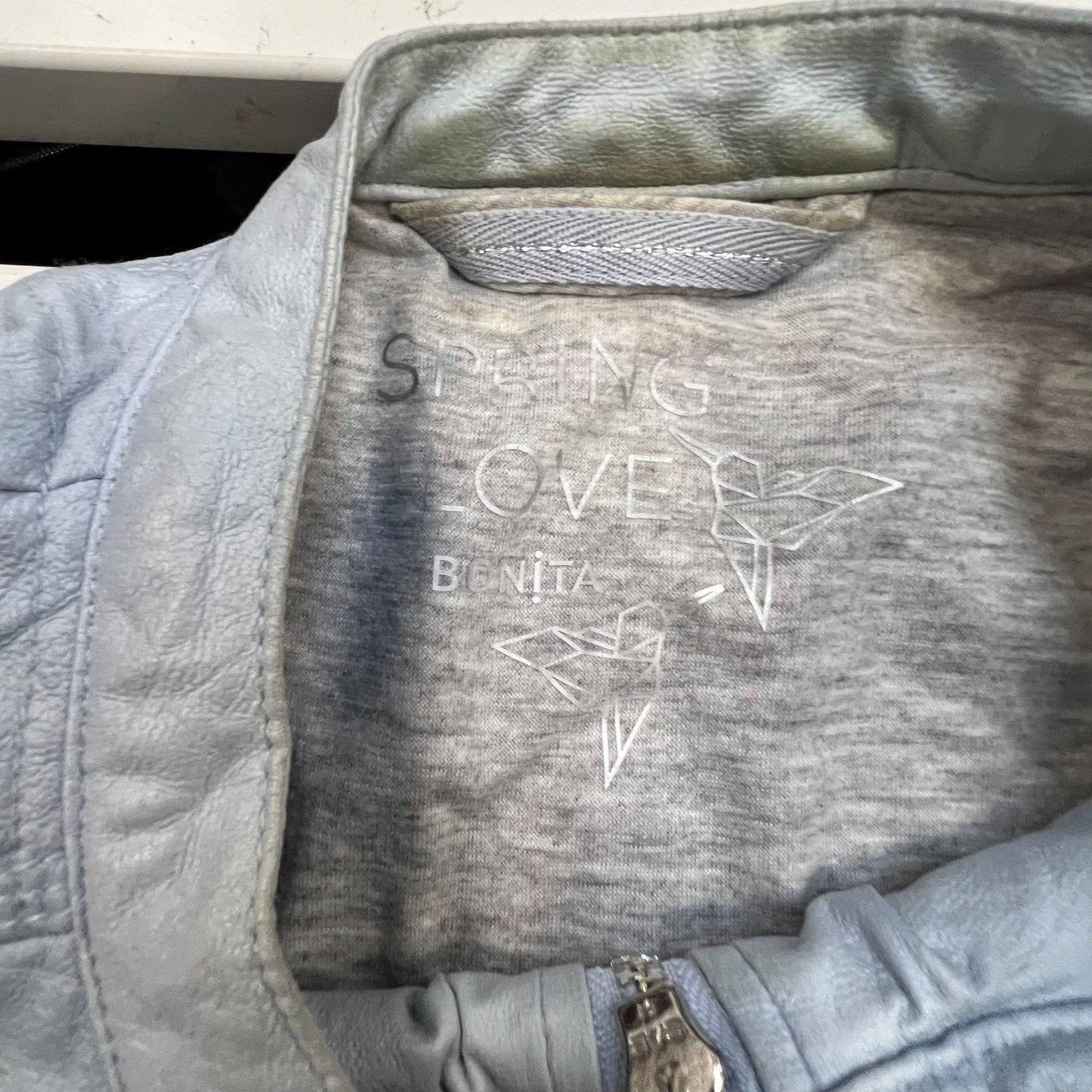 String Love Faux Leather Jacket Womens Medium Blue Lined Long Sleeve Full Zip