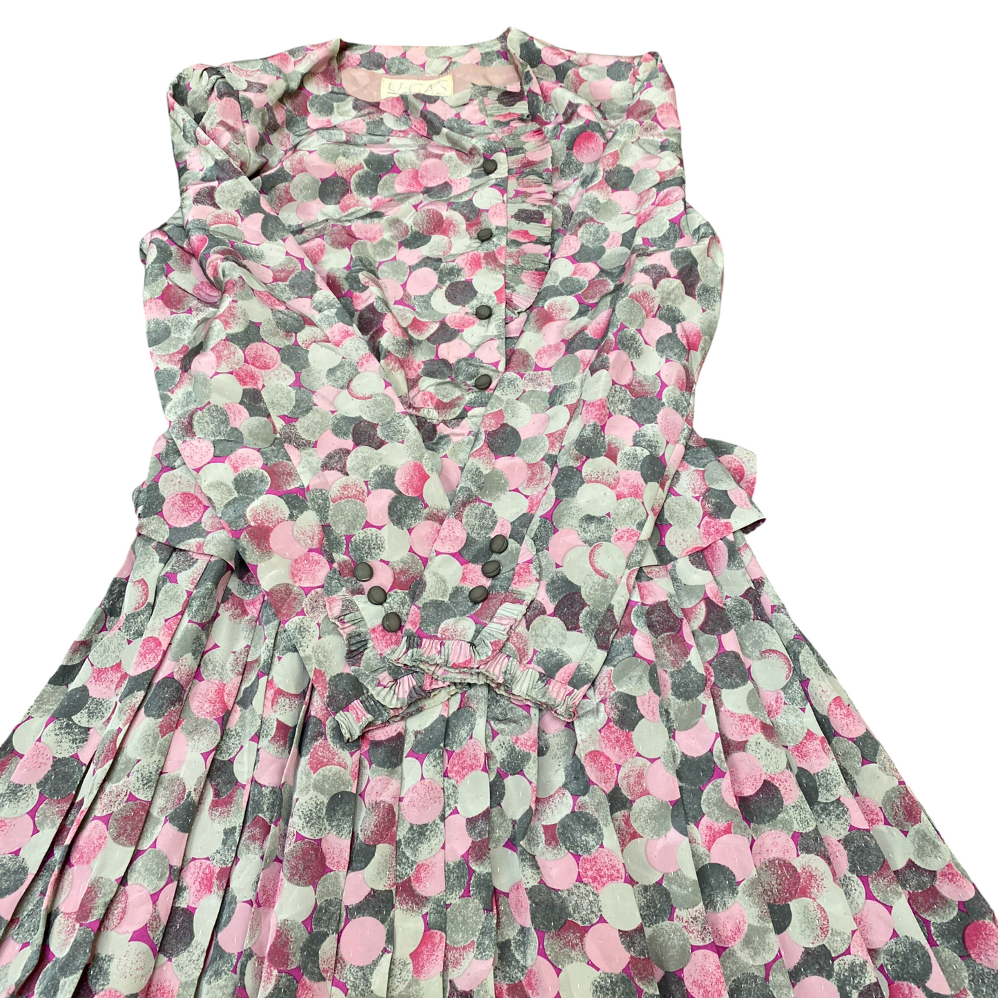 U-GAS A-Line Dress Womens S Multi Geometric Pleated Long Sleeve Button Front