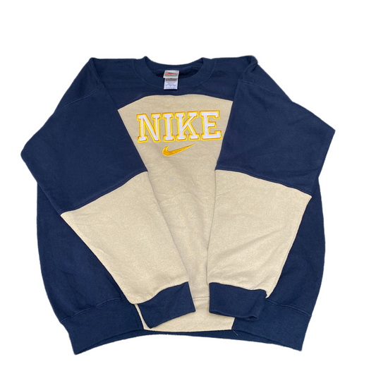 Nike Reworked Sweatshirt Mens Large Navy Beige Embroidered Spellout Logo Vtg Y2K