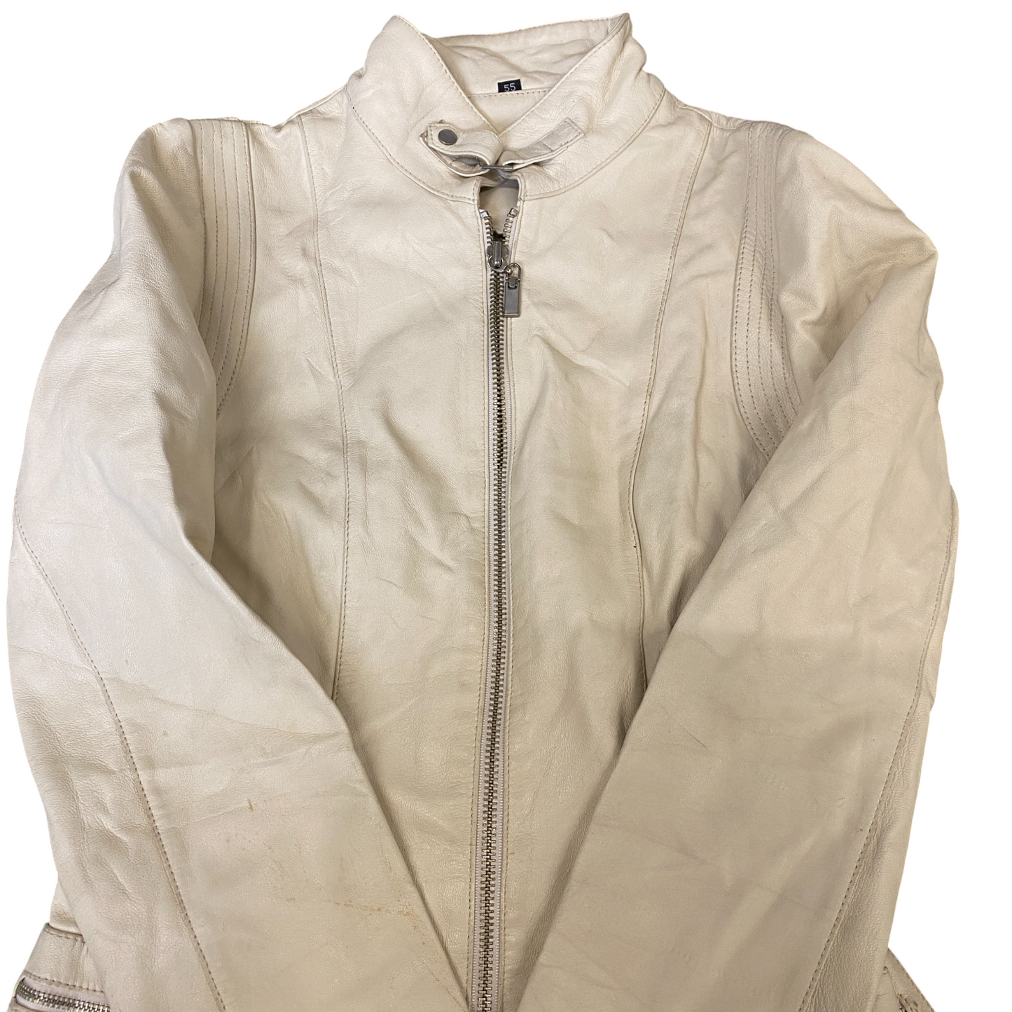 Womens Faux Leather Biker Jacket Small Beige Fully Lined Long Sleeve Full Zip