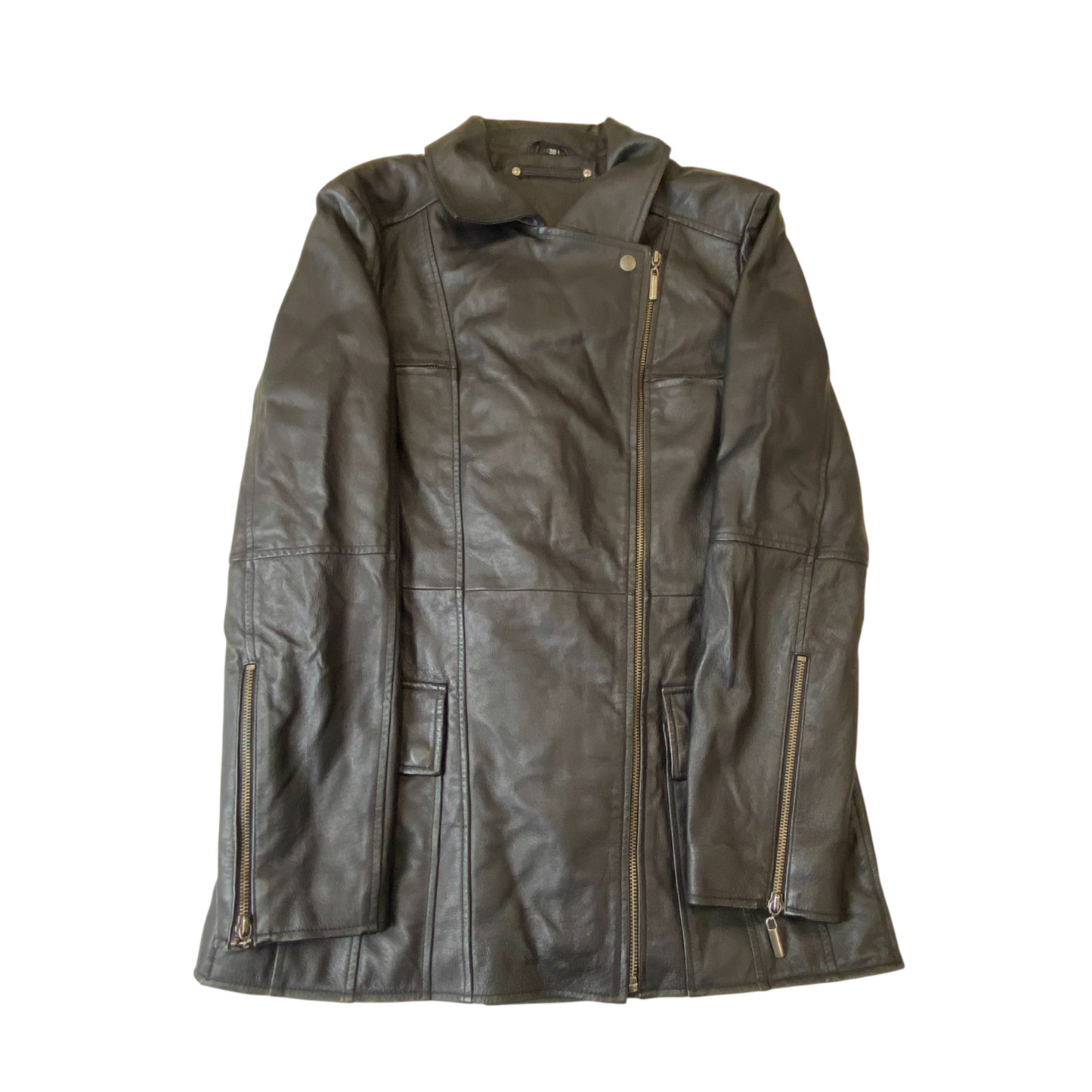 Womens Leather Jacket Medium Black Lined Long Sleeve Collared Asymmetrical Zip