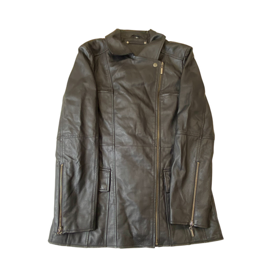 Womens Leather Jacket Medium Black Lined Long Sleeve Collared Asymmetrical Zip