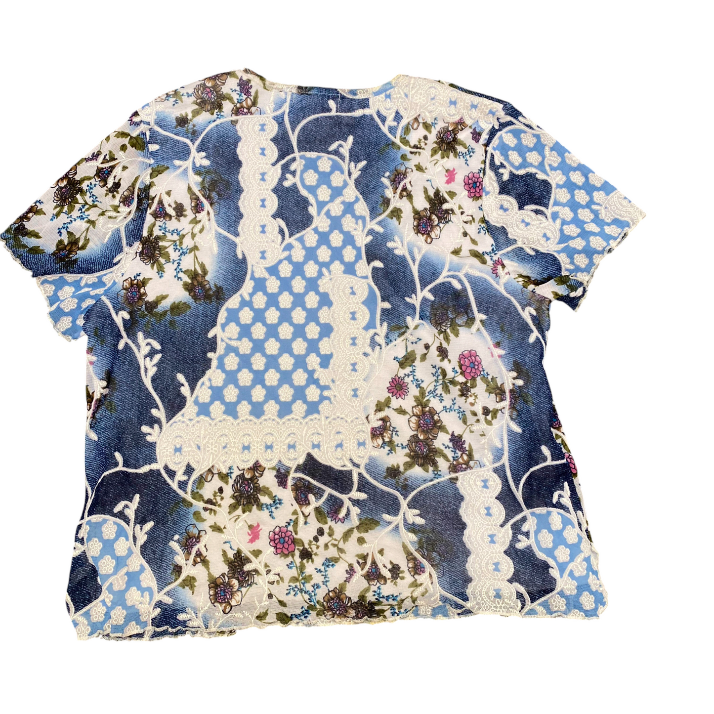 Céline. L Top Womens M Multi Floral Mesh Short Sleeve Round Neck Casual Outdoor