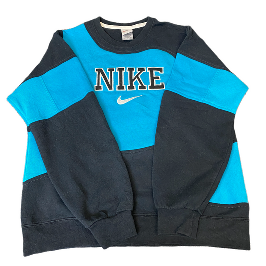 Nike Reworked Sweatshirt Mens S Black Blue Embroidered Spellout Logo Vintage Y2K