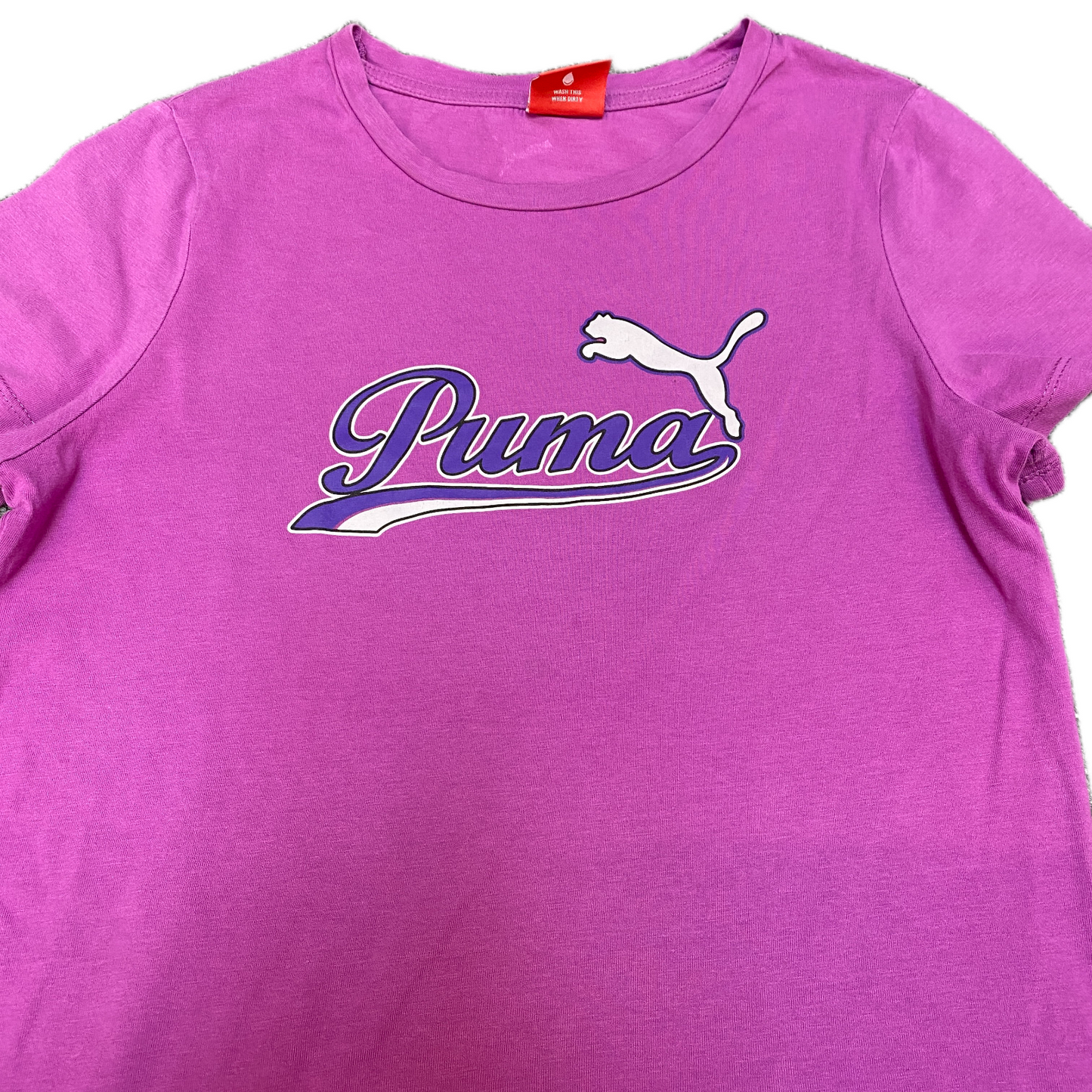 PUMA Essential T-Shirt Womens Small Purple Graphic Print Relaxed Fit Stretch Tee