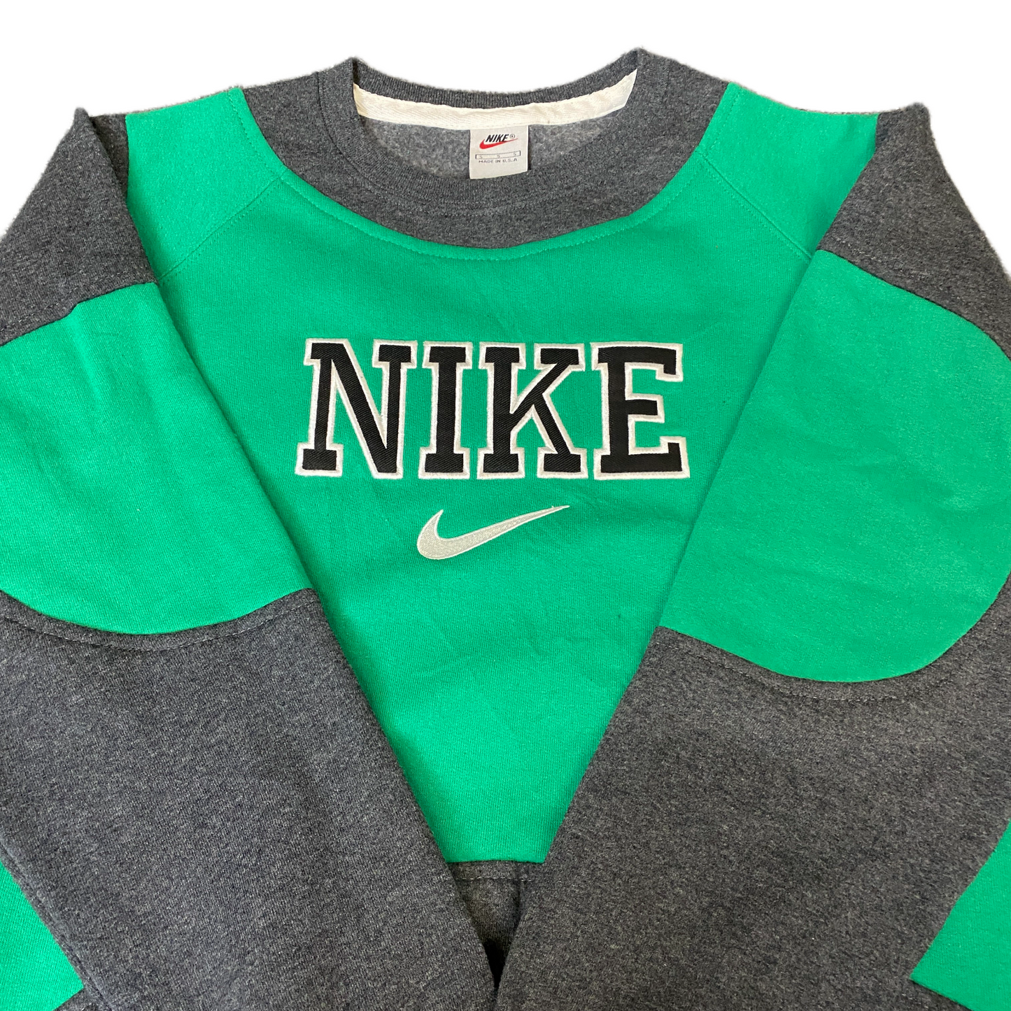 Nike Reworked Sweatshirt Mens S Green Grey Embroidered Spellout Logo Vintage Y2K