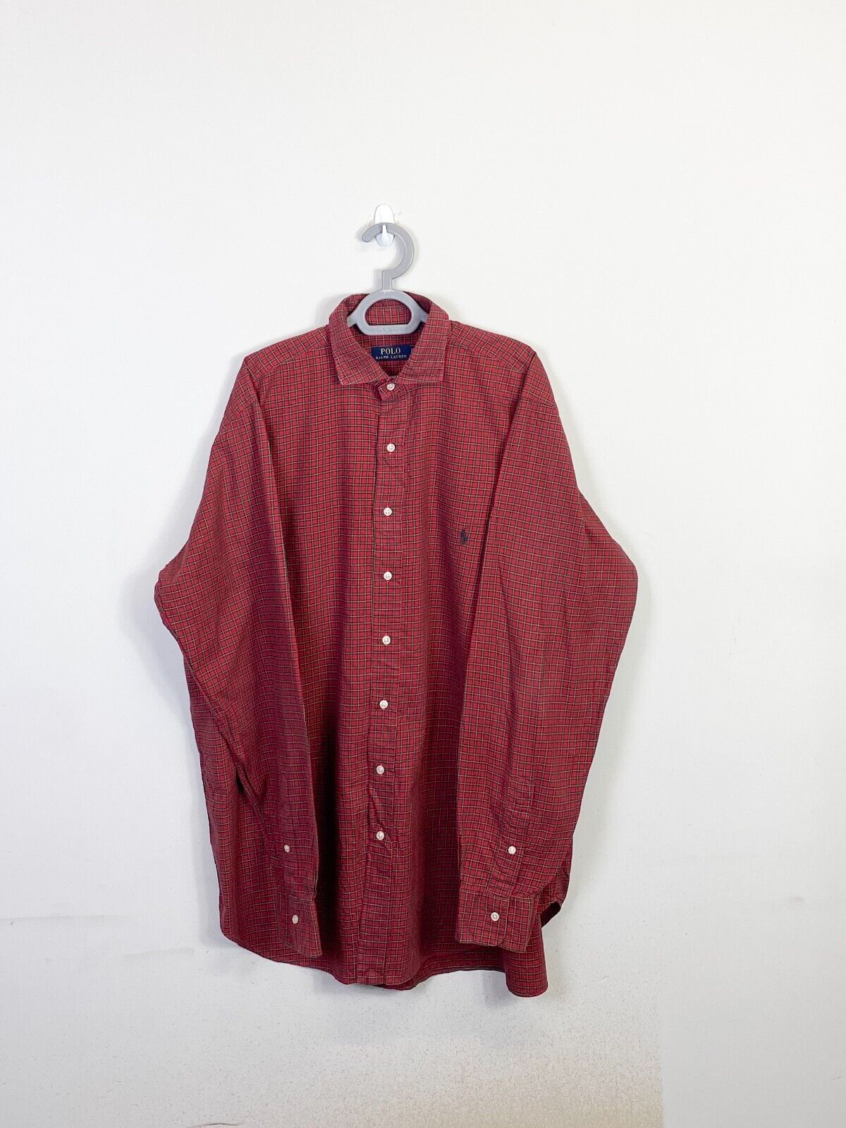 Ralph Lauren Shirt Mens LT Red Checkered Long Sleeve Small Grey Polo Pony Logo