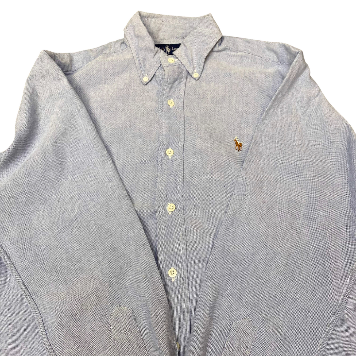 Ralph Lauren Formal Shirt Mens M Blue Long Sleeve Brown Pony Logo Button Down