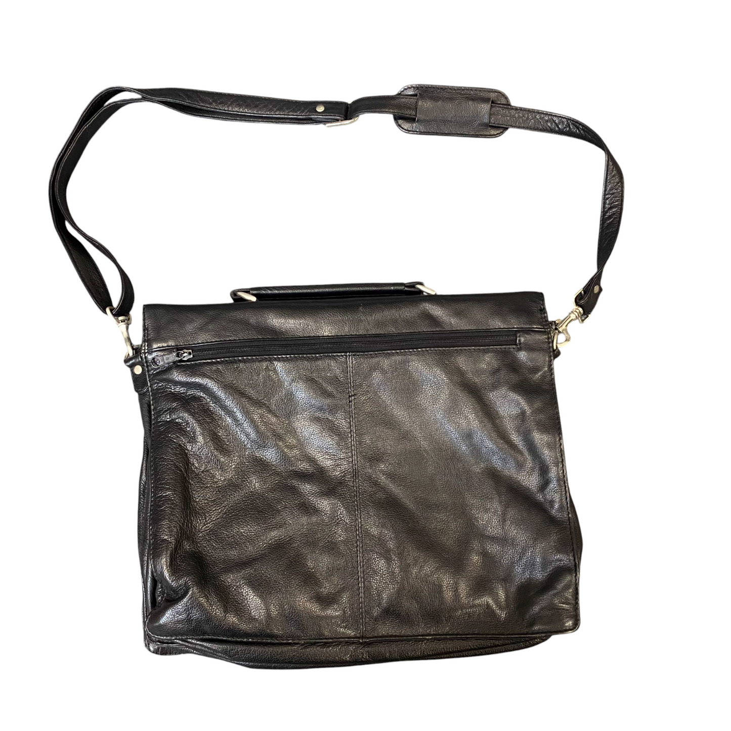 Womens Briefcase Bag Black Pebbled Leather Flap Zip Pocket Detachable Strap