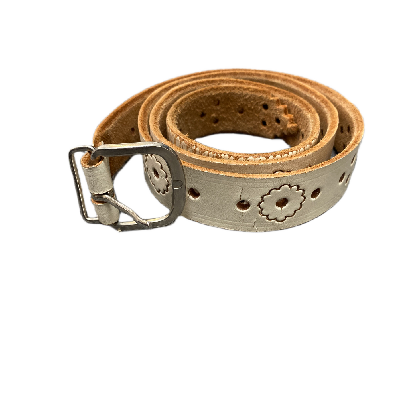 Waist Belt Womens Beige Leather Floral Adjustable Silver Pin Buckle 35.5 Inches