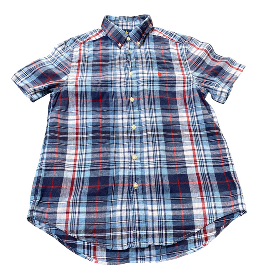 Ralph Lauren Shirt Mens XS Blue Plaid Short Sleeve Small Orange Polo Pony Logo