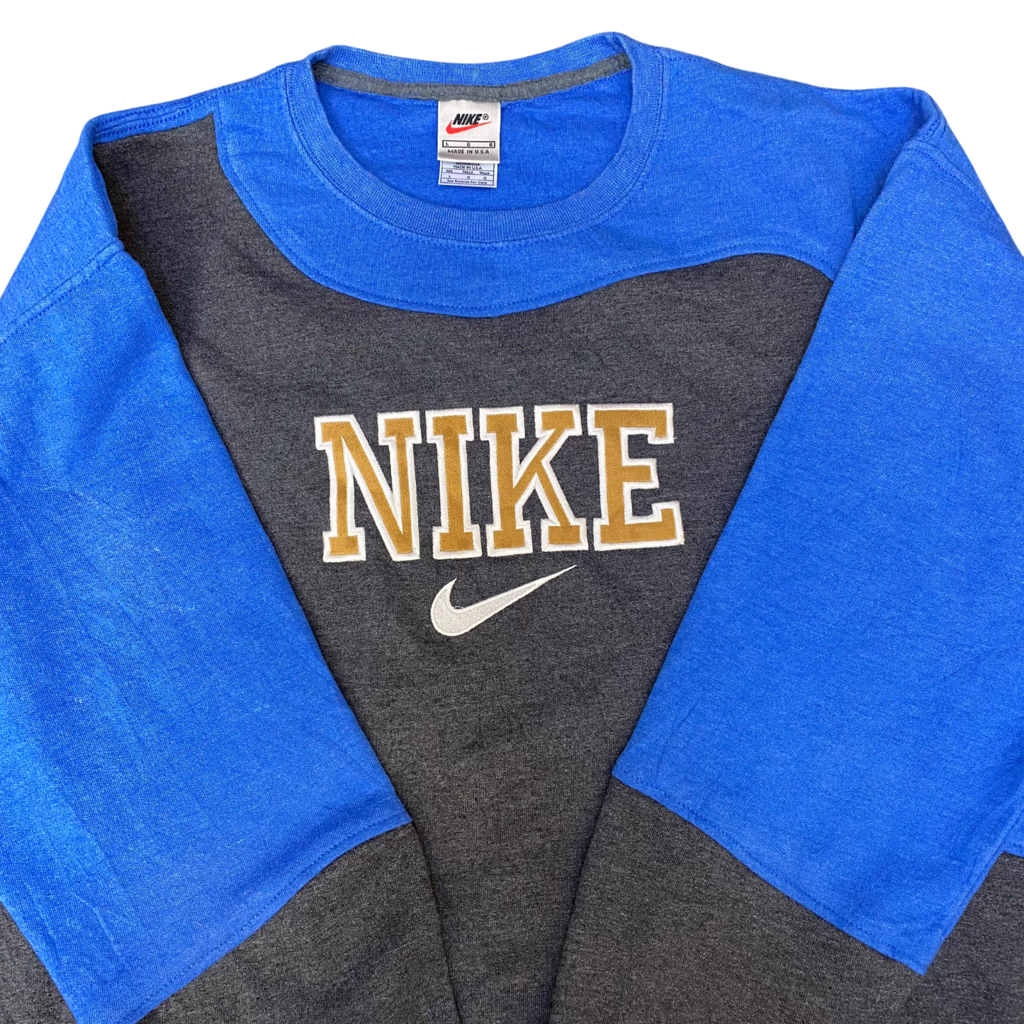 Nike Reworked Sweatshirt Mens Large Blue Grey Embroidered Spell Out Logo Y2K