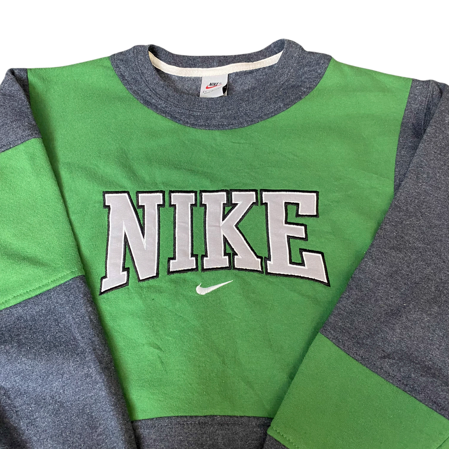 Nike Reworked Sweatshirt Mens M Green Grey Embroidered Spellout Logo Vintage Y2K
