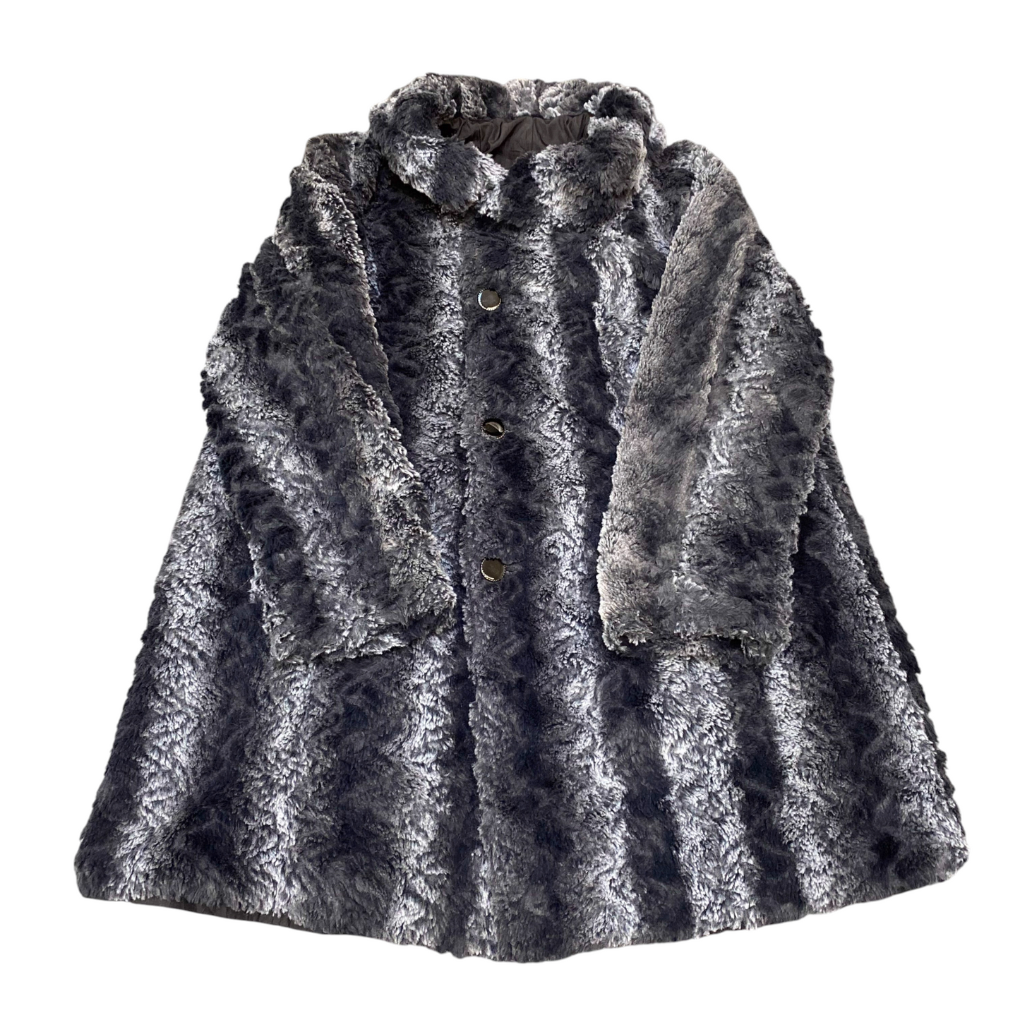Womens Faux Fur Coat Large Grey White Striped Long Sleeve Collared Button Front