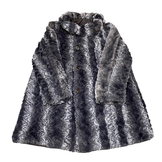 Womens Faux Fur Coat Large Grey White Striped Long Sleeve Collared Button Front