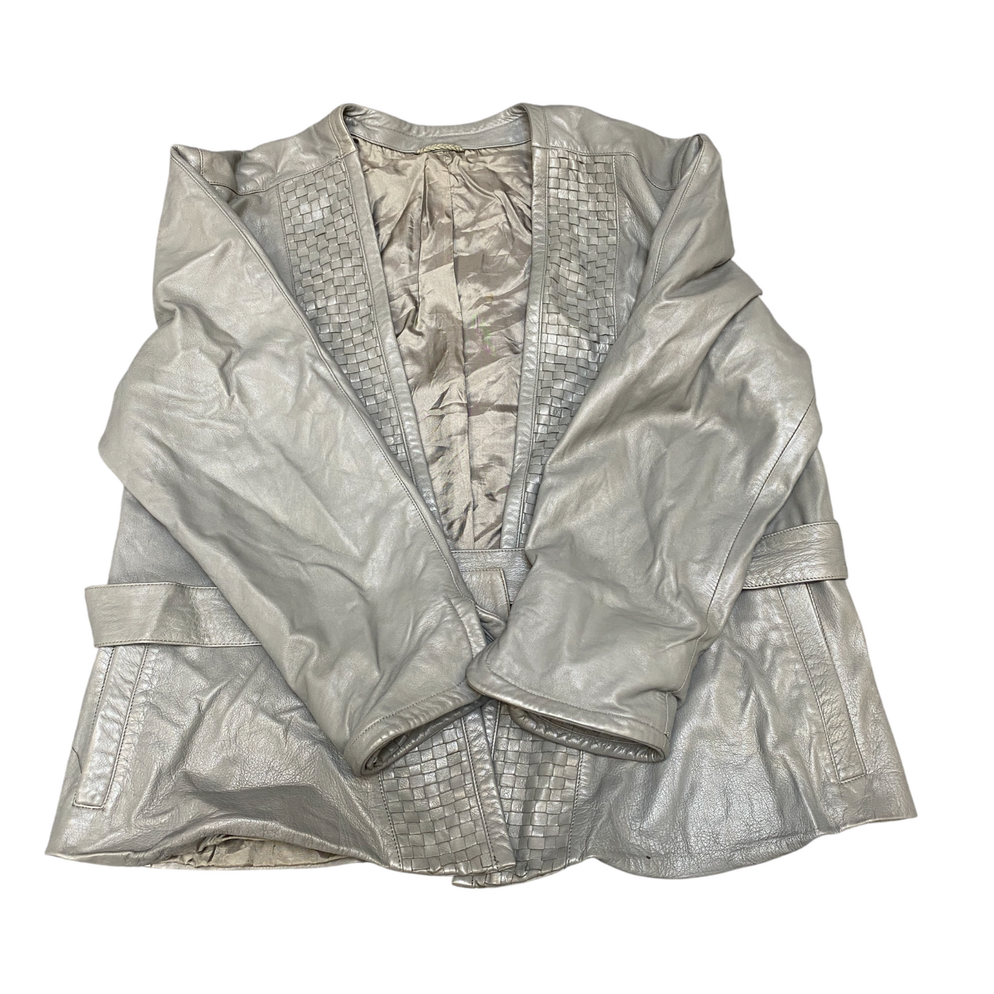 Women Leather Blazer Jacket Large Grey Lined Belted Waist Long Sleeve Open Front