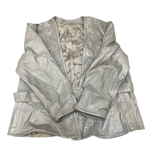 Women Leather Blazer Jacket Large Grey Lined Belted Waist Long Sleeve Open Front