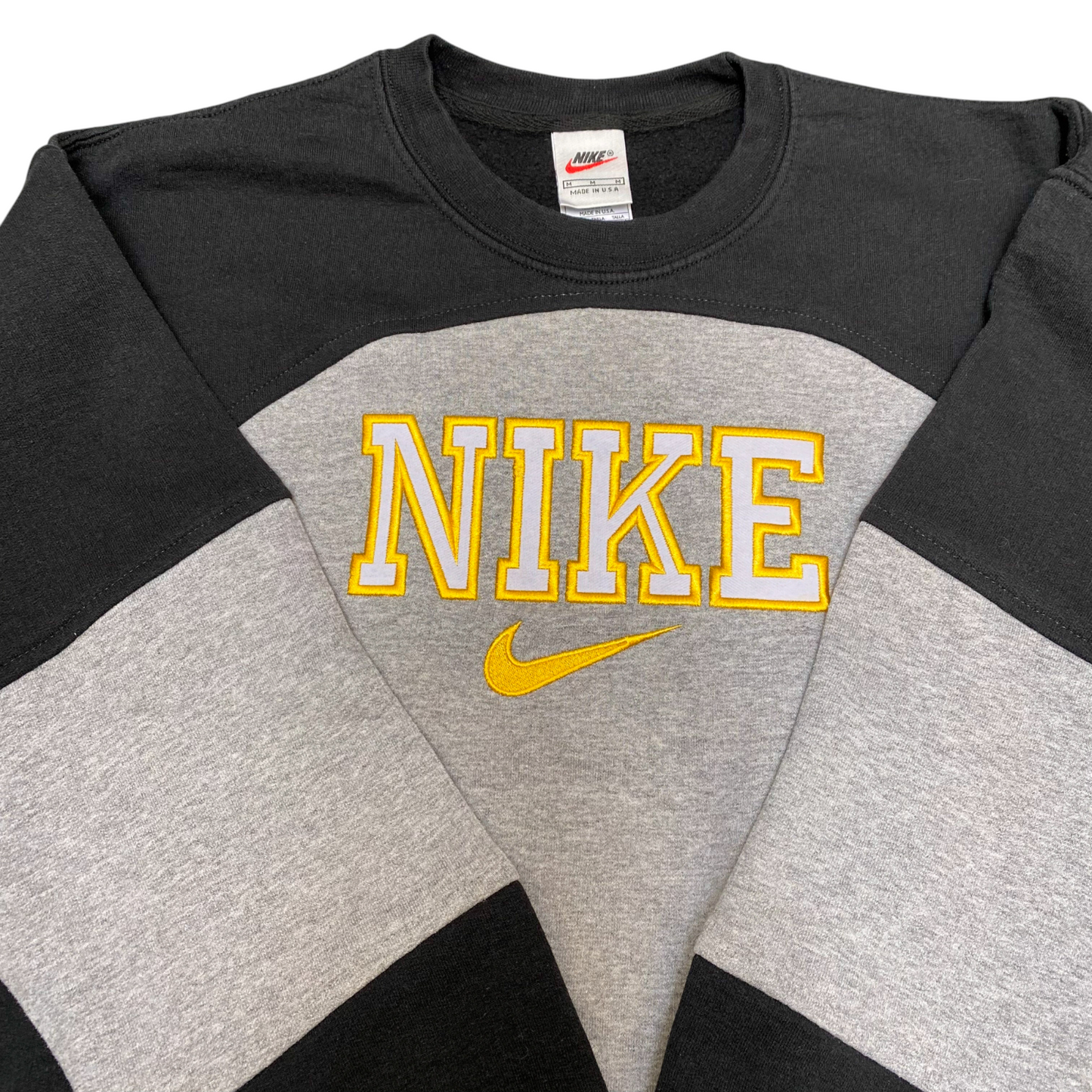 Nike Reworked Sweatshirt Mens M Black Grey Embroidered Spellout Logo Crew Neck