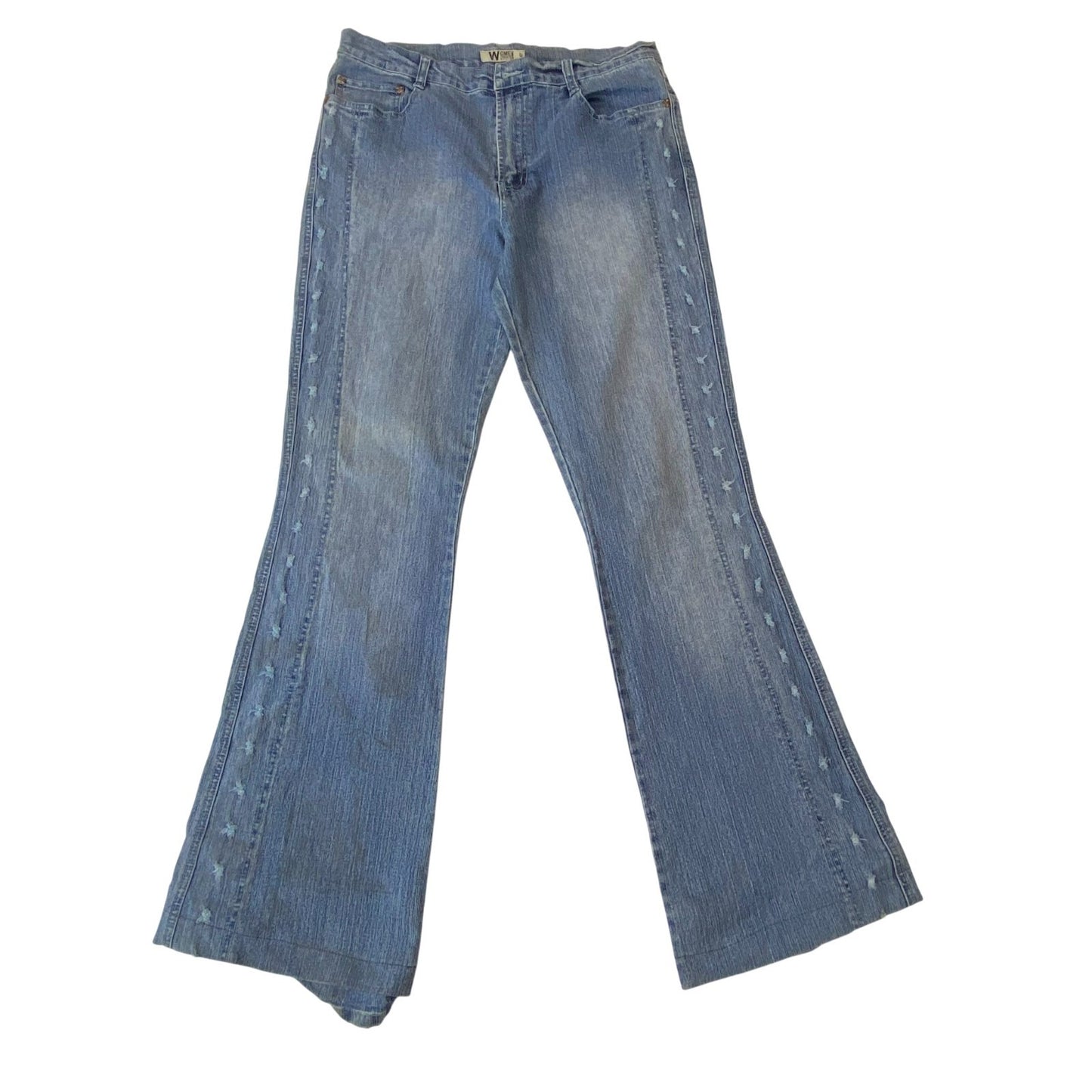 Women Jeans Large W30 L29 Blue Denim Wide Leg Embroidered Flat Front Outdoor