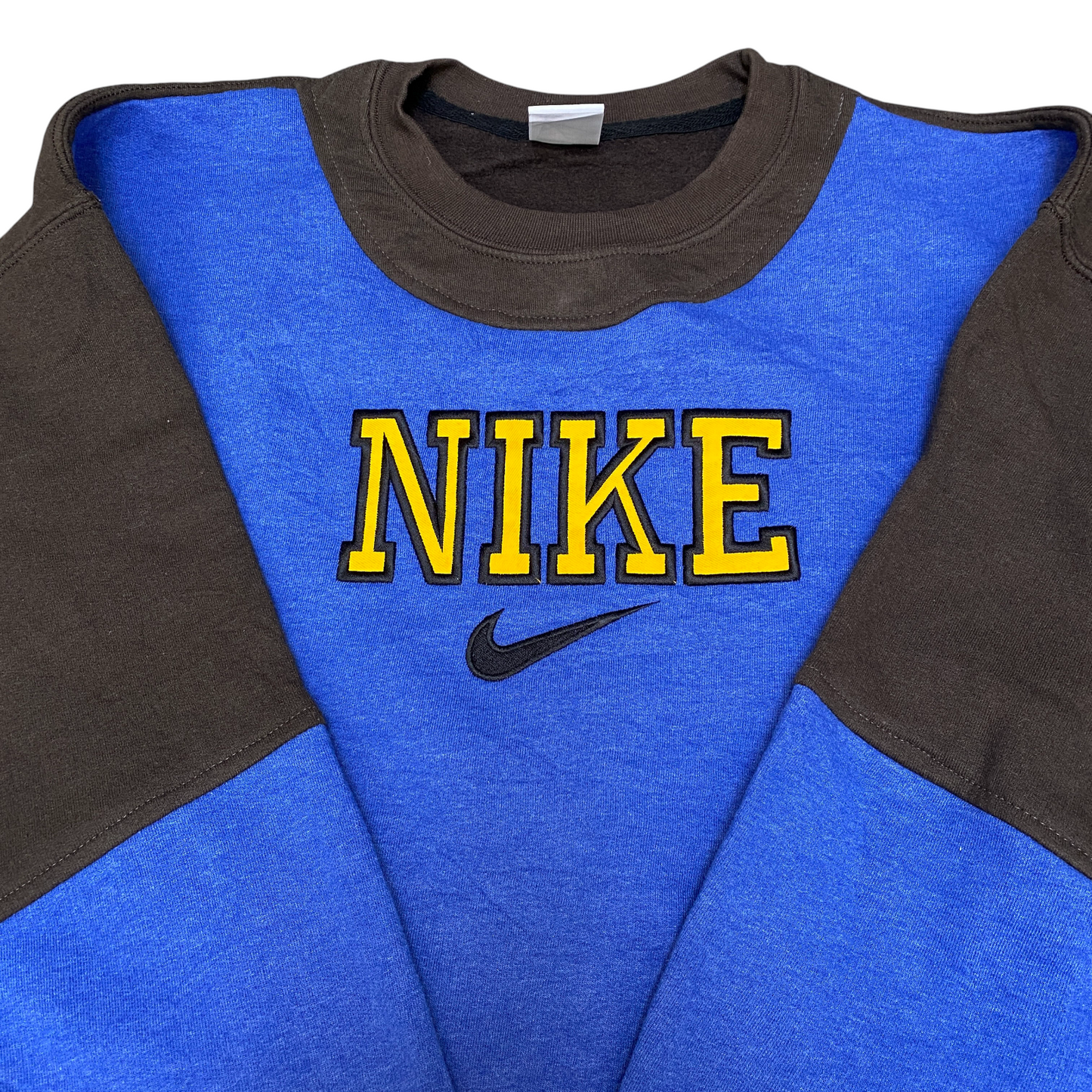 Nike Reworked Sweatshirt Men XL Blue Brown Embroidered Spellout Logo Vintage Y2K