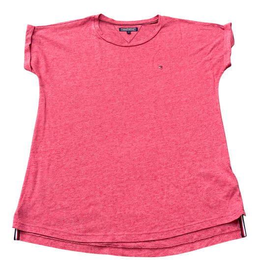 Tommy Hilfiger T Shirt Womens Small Pink Cuffed Short Sleeve High Low Crewneck