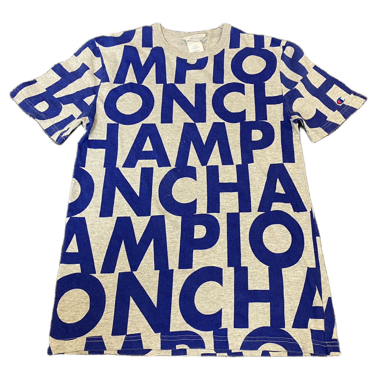 Champion T-Shirt Mens Small Grey Blue All-Over Logo Print Crew Neck Pullover Tee