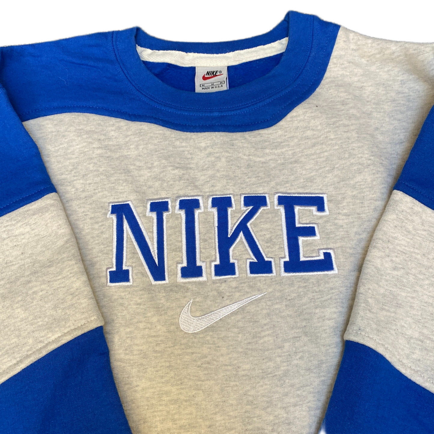 Nike Reworked Sweatshirt Mens M Blue Grey Embroidered Spellout Logo Vintage Y2K