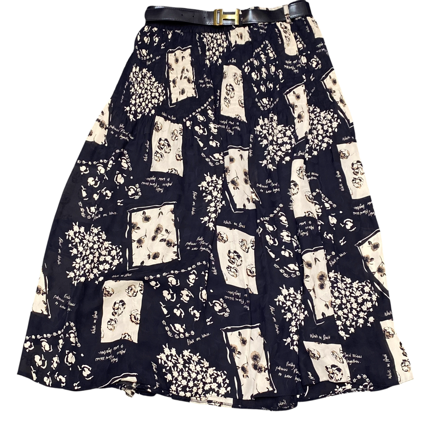 Womens A Line Skirt L Black Floral Print Lined Crinkle Knee Length Buckle Belted
