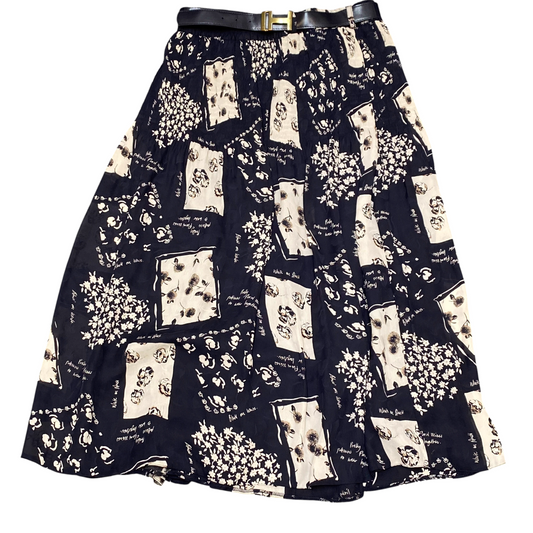Womens A Line Skirt L Black Floral Print Lined Crinkle Knee Length Buckle Belted