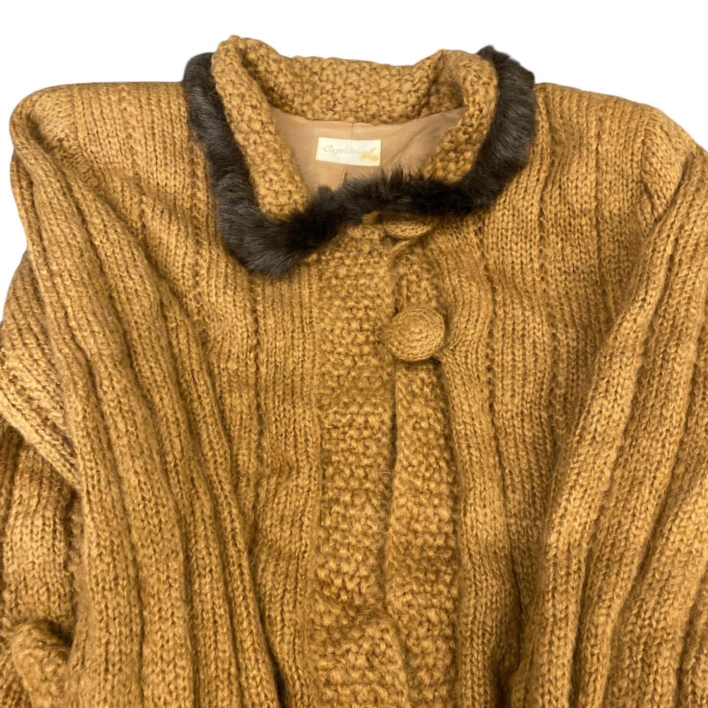 Capricieuses Cardigan Jumper Womens L Brown Faux Fur Collar & Cuff Button Front