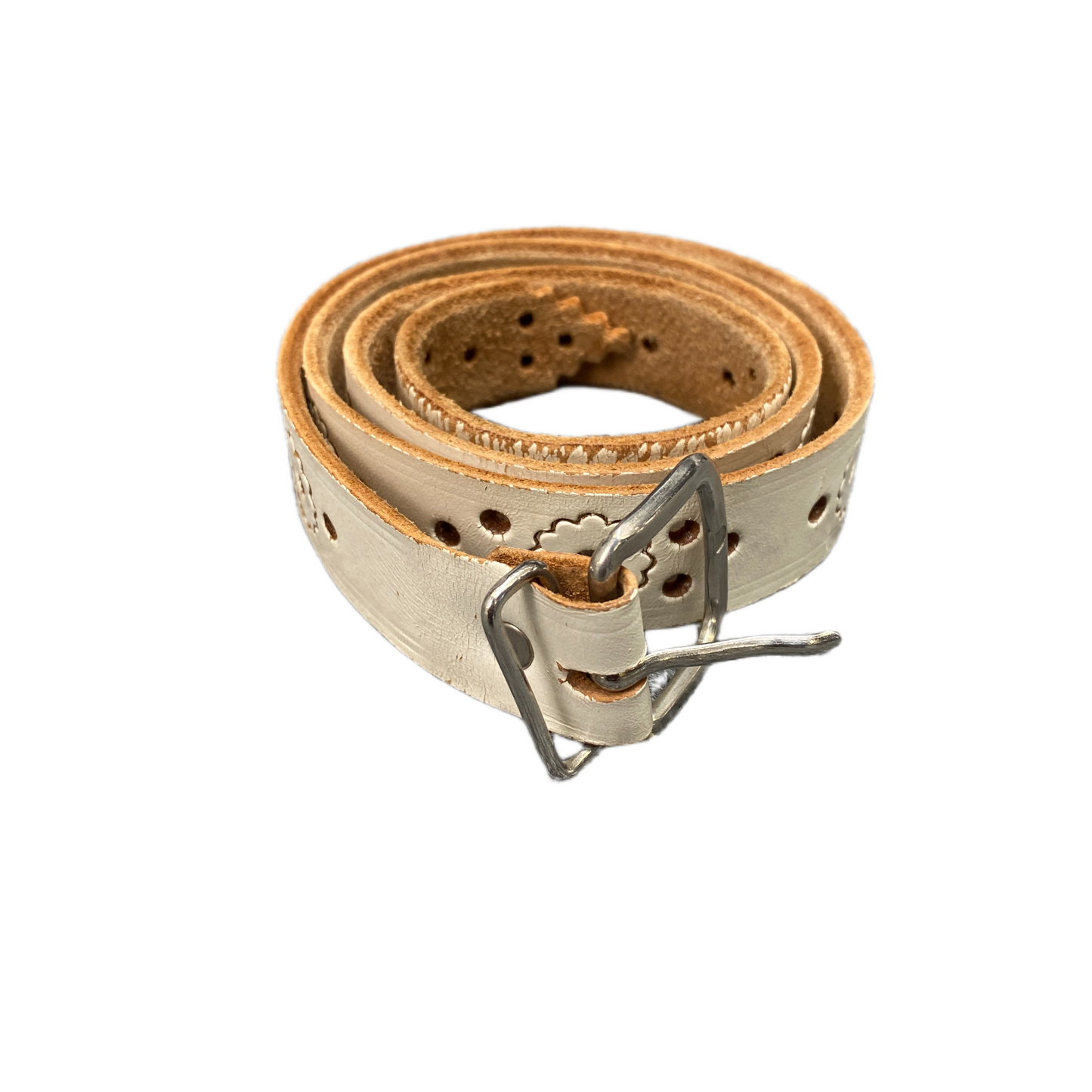 Waist Belt Womens Beige Leather Floral Adjustable Silver Pin Buckle 35.5 Inches