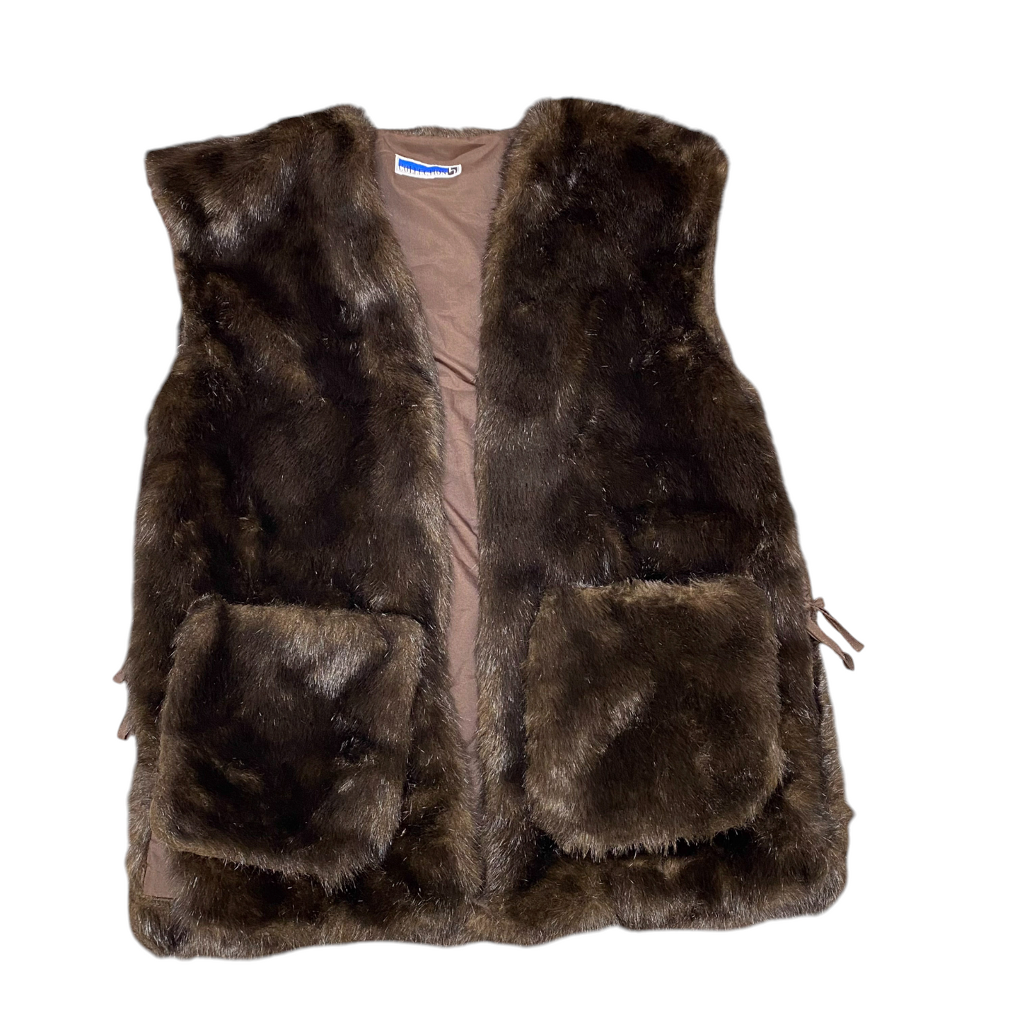 Collection Faux Fur Vest Womens Large Brown Lined Pockets Sleeveless Open Front