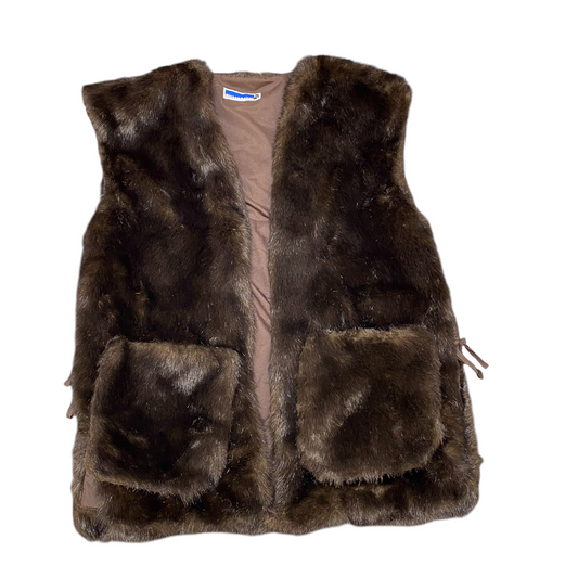 Collection Faux Fur Vest Womens Large Brown Lined Pockets Sleeveless Open Front
