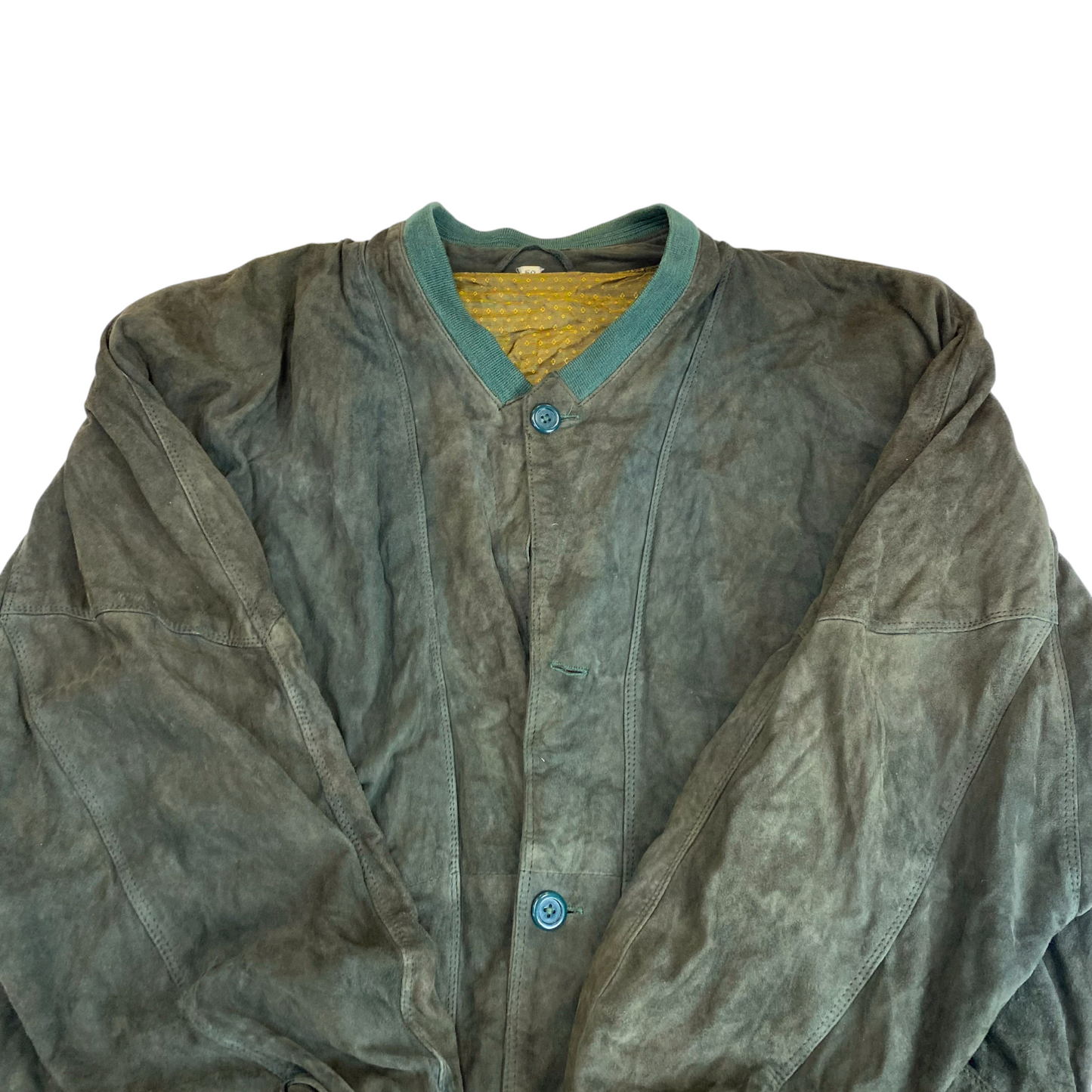 Bomber Jacket Mens L Green Suede Leather Pockets Long Sleeve Button Front
