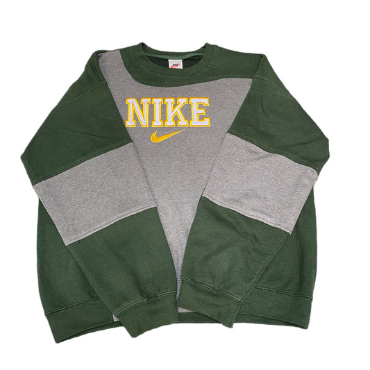 Nike Reworked Sweatshirt Mens Large Green Grey Embroidered Spellout Logo Vtg Y2K