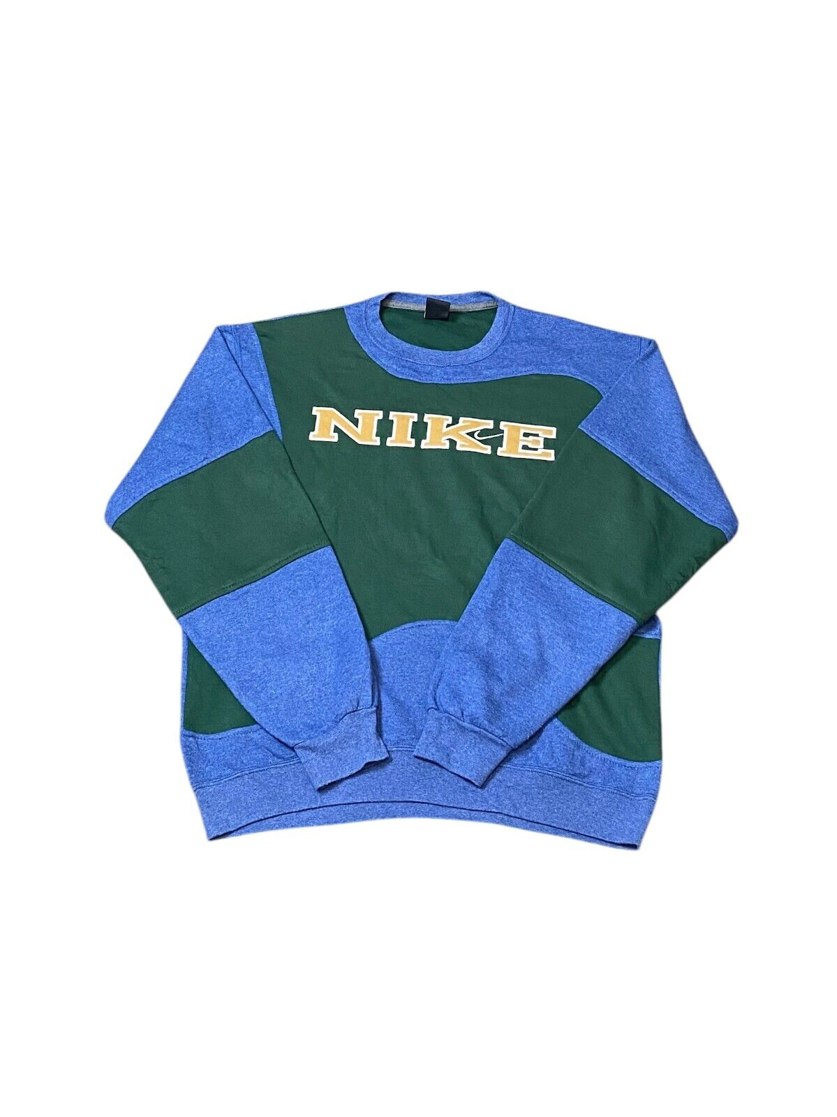 Nike Reworked Sweatshirt Mens Large Blue Green Spellout Logo Crew Neck Vtg Y2K