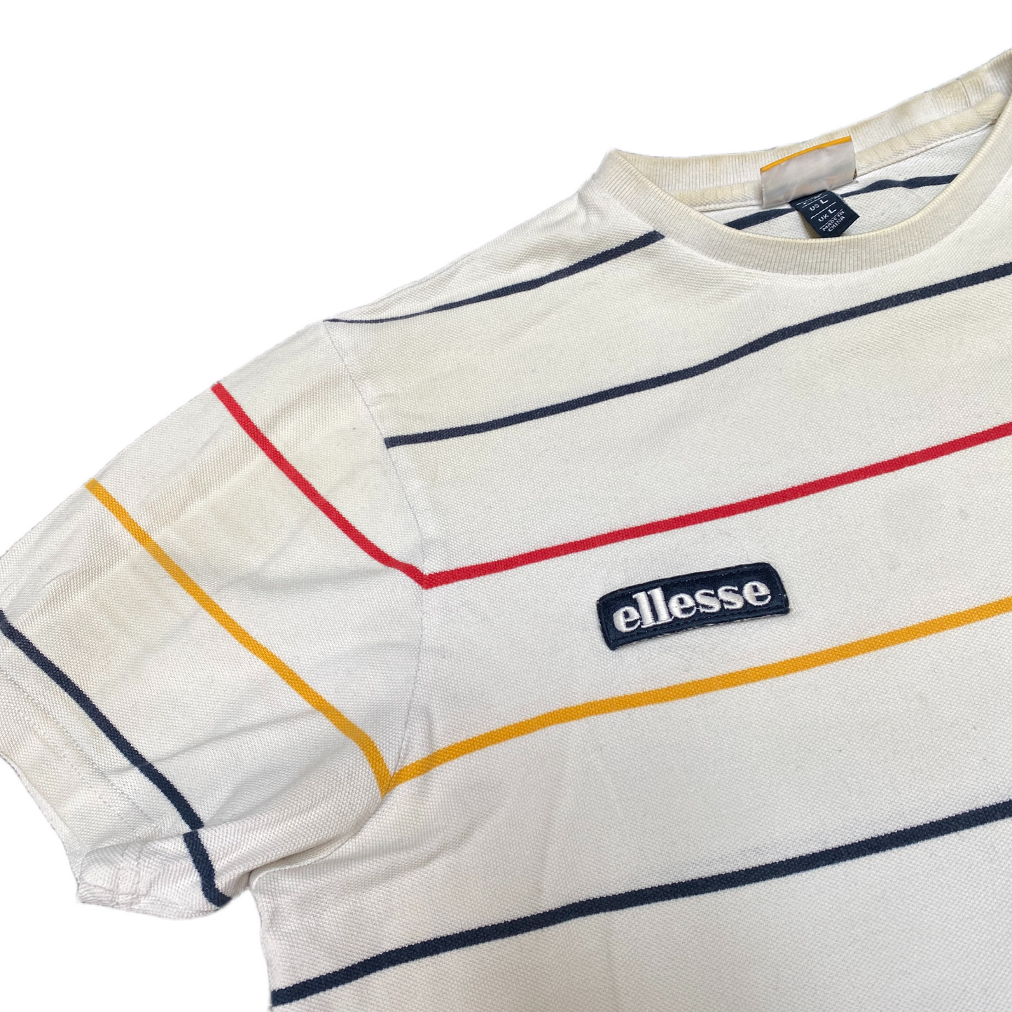 Ellesse T-Shirt Womens Large Multi Stripes Patch Logo Short Sleeve Pullover Tee