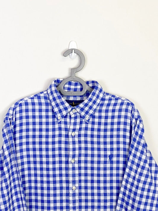 Ralph Lauren Shirt Mens L Blue Checkered Untucked Fit Blue Small Polo Pony Logo