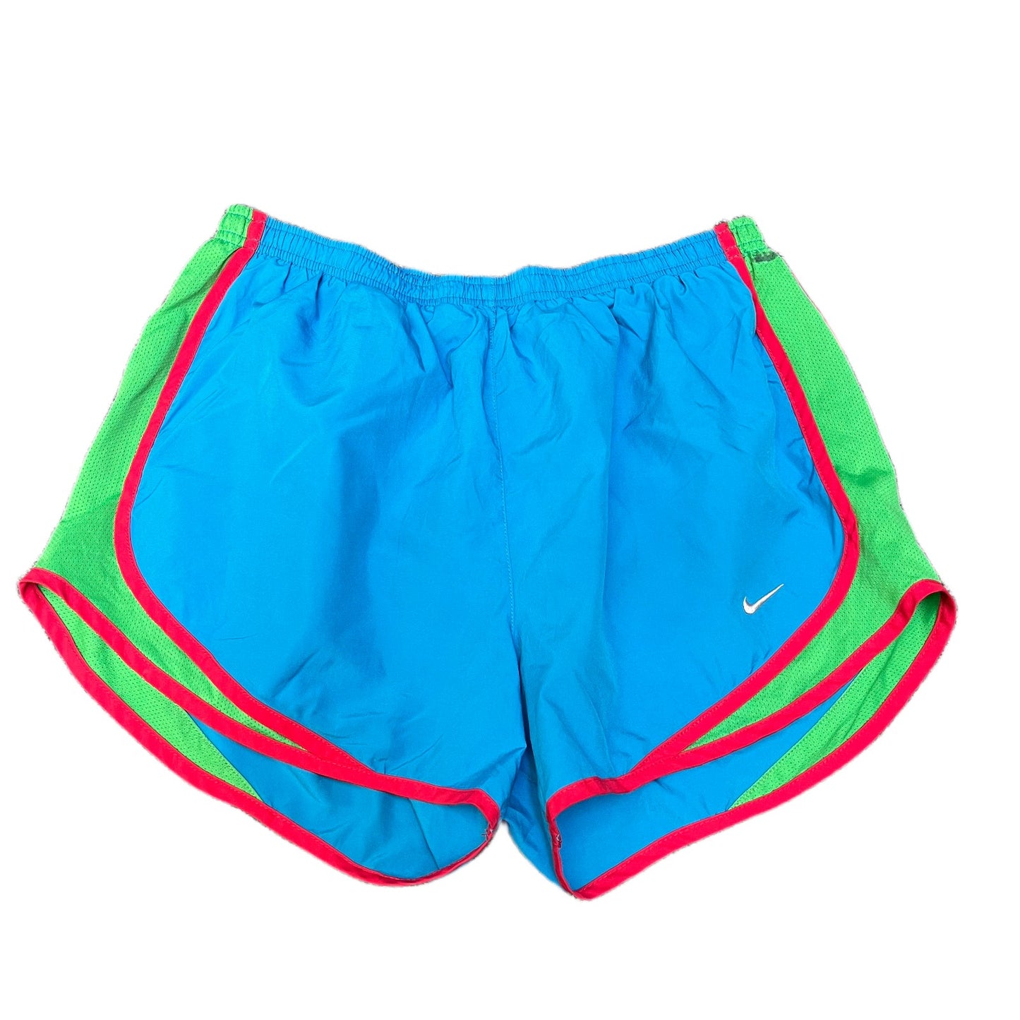 Nike Dri-FIT Tempo Shorts Womens M 28" Waist Blue Green Mesh Panels Dolphin Hem