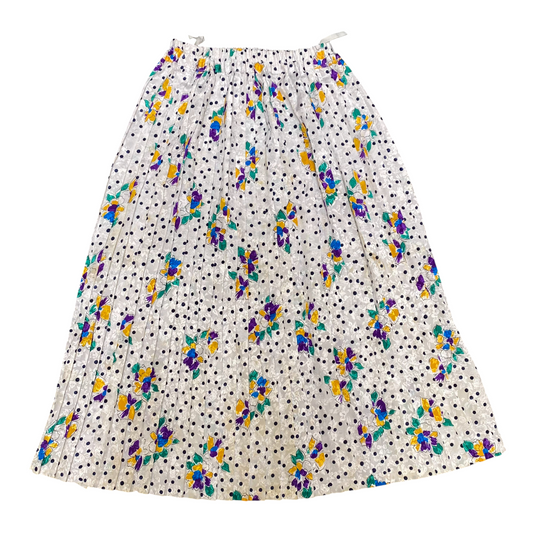 A Line Skirt Womens S White Polka Dot Floral Print Pleated Elastic Waist Casual