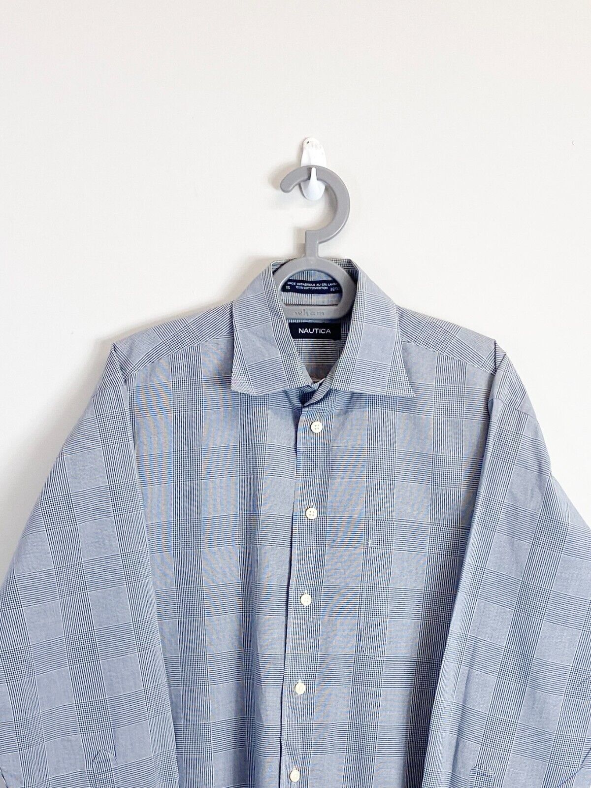 Nautica Dress Shirt Mens Medium Grey Checkered Long Sleeve Collar Button Down