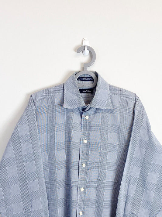 Nautica Dress Shirt Mens Medium Grey Checkered Long Sleeve Collar Button Down